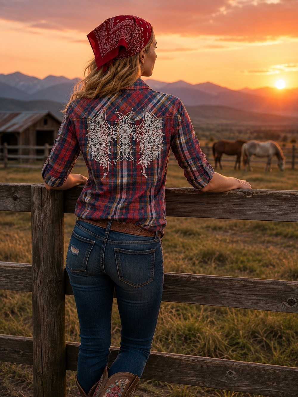 Rock&Roll Cowgirl Distressed Embroidered Rhinestones Rolled up sleeves snaps XL